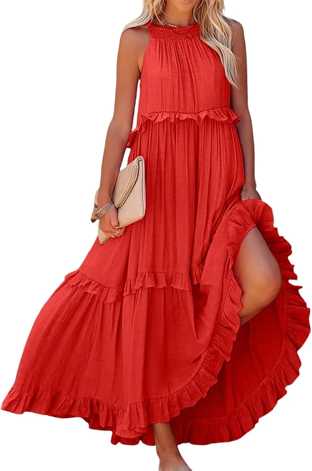 Womens Halter Dress Summer Tiered Flowy Maxi Dress Sleeveless Boho Ruffle Casual Beach Long Dress Wedding Guest Gress