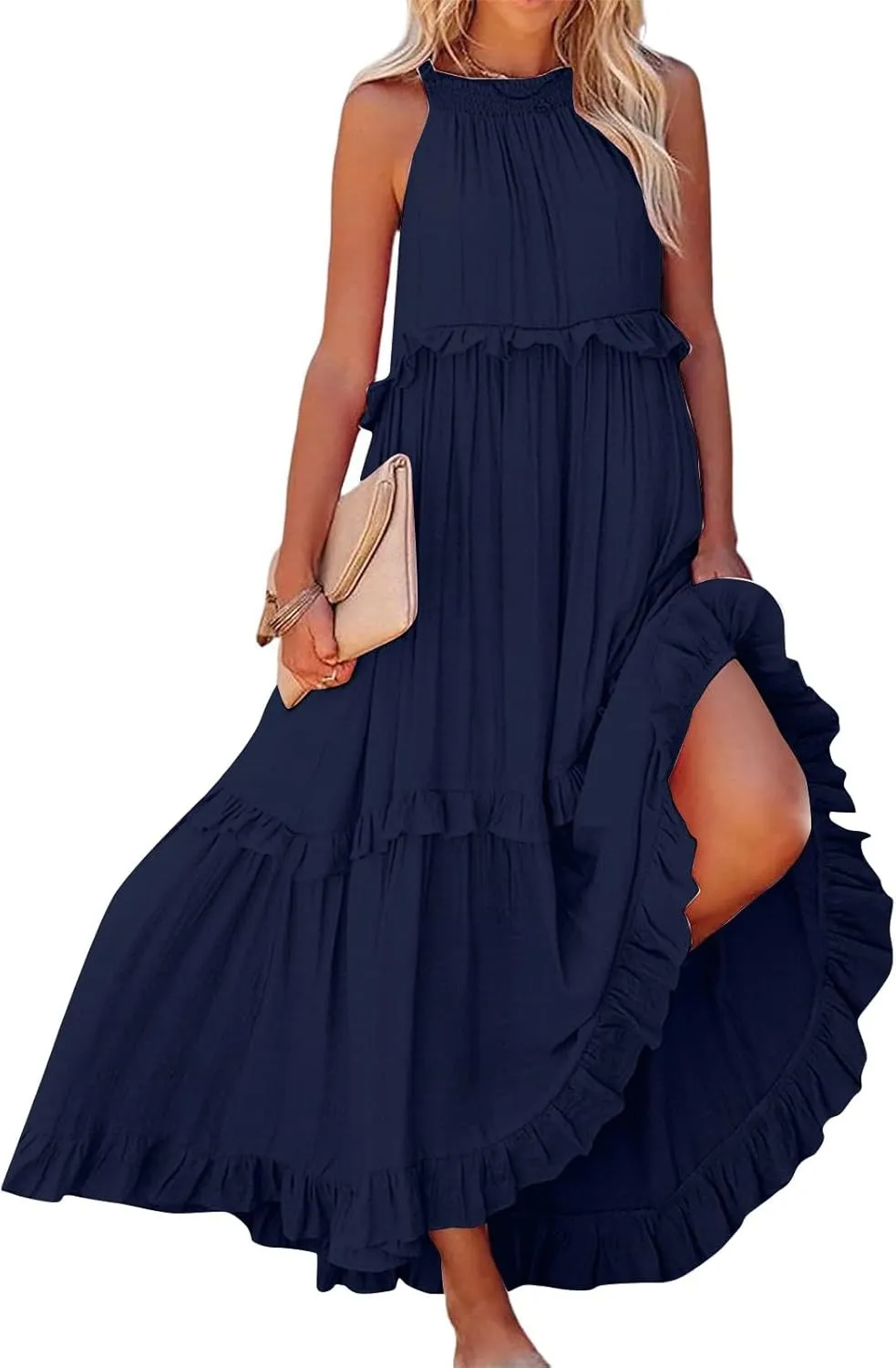 Womens Halter Dress Summer Tiered Flowy Maxi Dress Sleeveless Boho Ruffle Casual Beach Long Dress Wedding Guest Gress