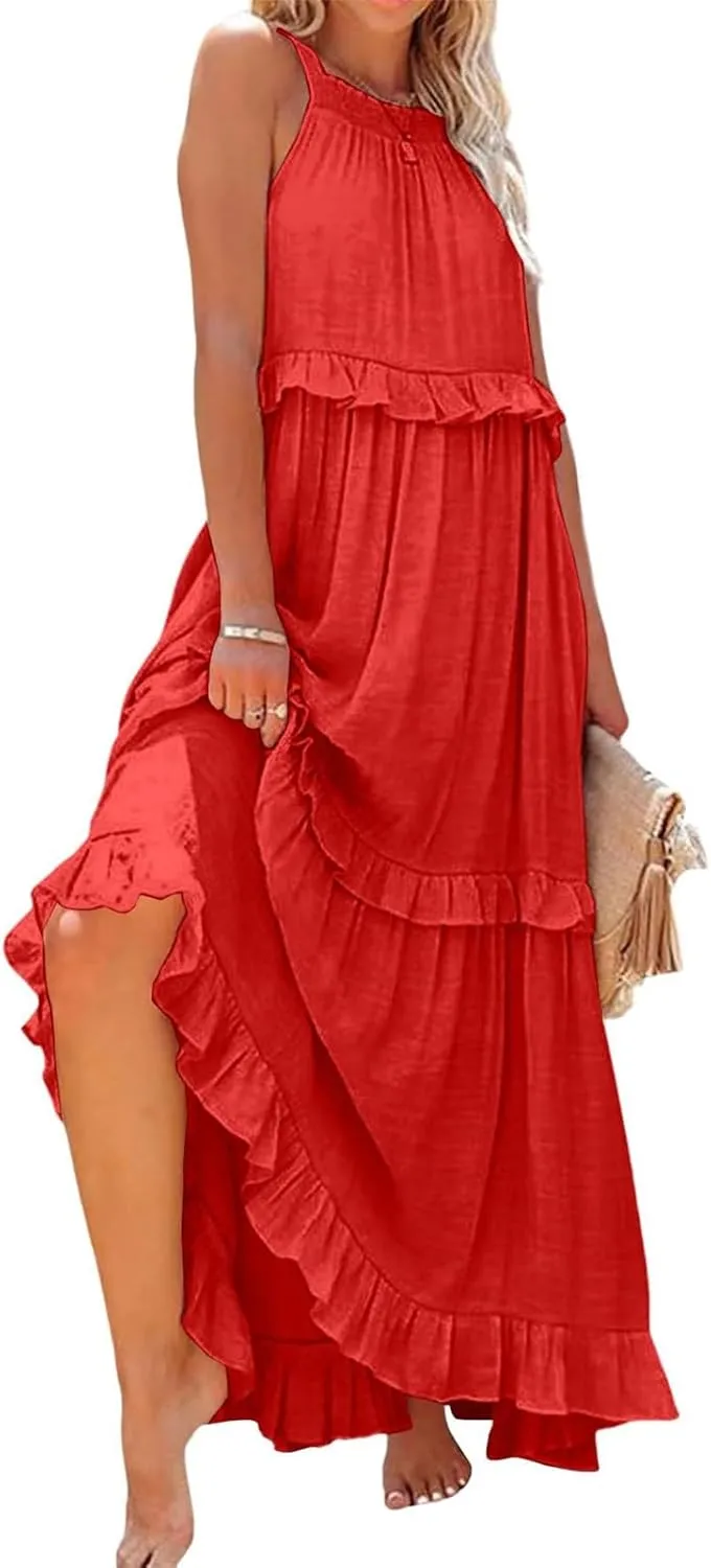 Womens Halter Dress Summer Tiered Flowy Maxi Dress Sleeveless Boho Ruffle Casual Beach Long Dress Wedding Guest Gress