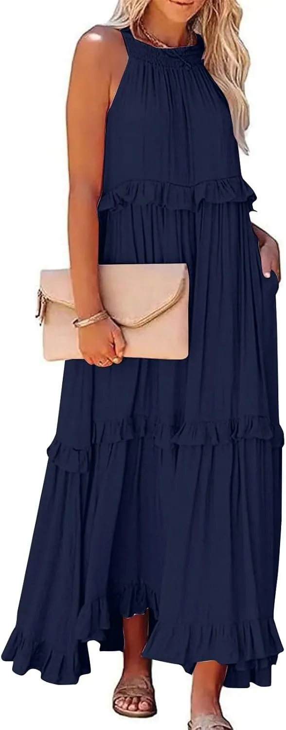 Womens Halter Dress Summer Tiered Flowy Maxi Dress Sleeveless Boho Ruffle Casual Beach Long Dress Wedding Guest Gress