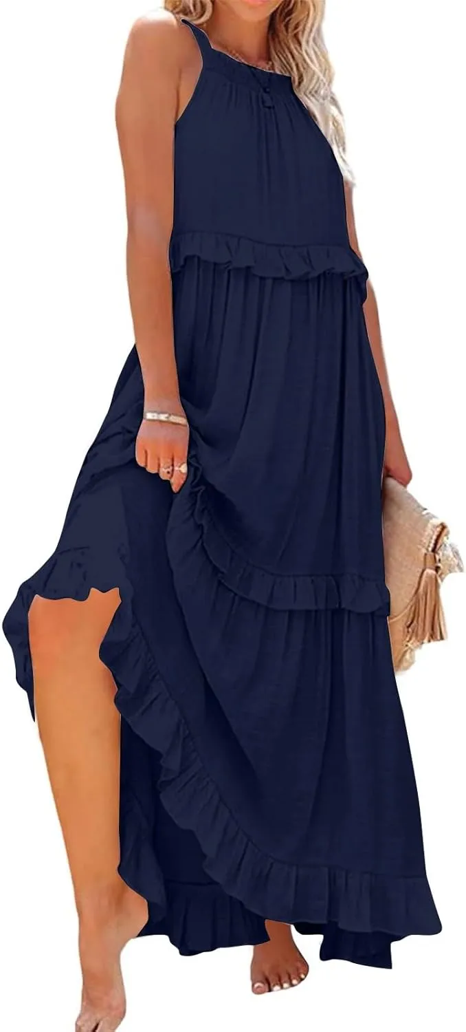 Womens Halter Dress Summer Tiered Flowy Maxi Dress Sleeveless Boho Ruffle Casual Beach Long Dress Wedding Guest Gress