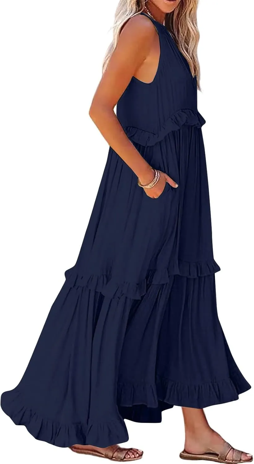 Womens Halter Dress Summer Tiered Flowy Maxi Dress Sleeveless Boho Ruffle Casual Beach Long Dress Wedding Guest Gress