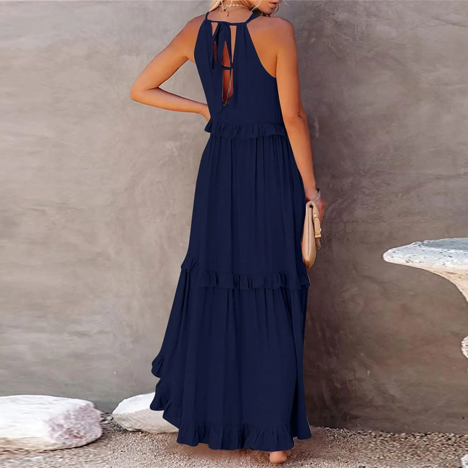 Womens Halter Dress Summer Tiered Flowy Maxi Dress Sleeveless Boho Ruffle Casual Beach Long Dress Wedding Guest Gress