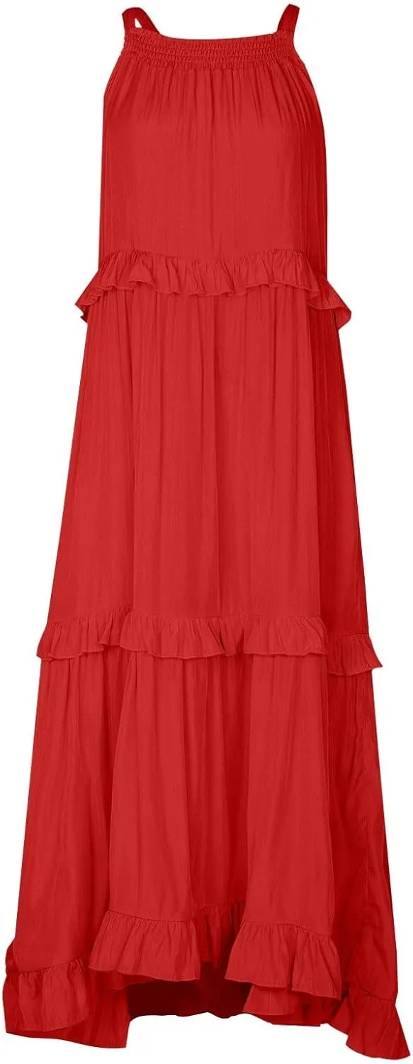 Womens Halter Dress Summer Tiered Flowy Maxi Dress Sleeveless Boho Ruffle Casual Beach Long Dress Wedding Guest Gress