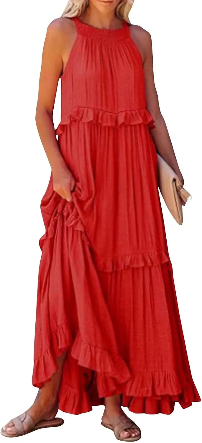 Womens Halter Dress Summer Tiered Flowy Maxi Dress Sleeveless Boho Ruffle Casual Beach Long Dress Wedding Guest Gress