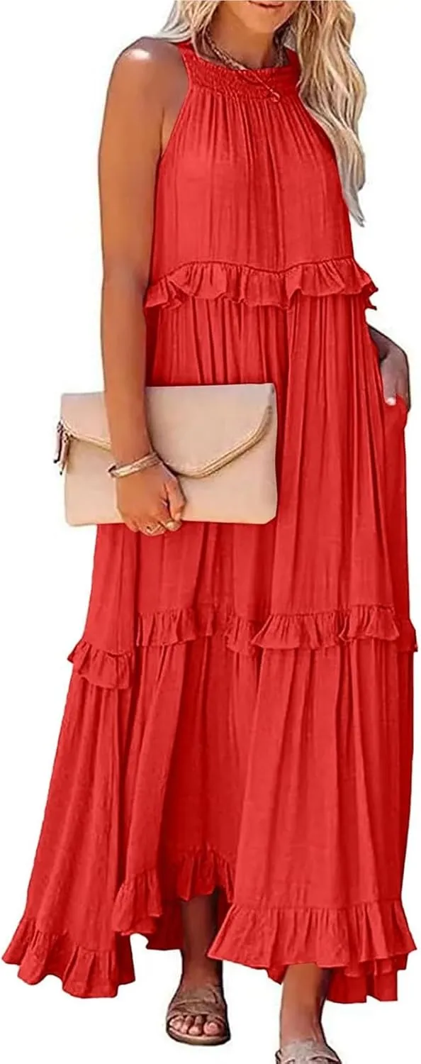 Womens Halter Dress Summer Tiered Flowy Maxi Dress Sleeveless Boho Ruffle Casual Beach Long Dress Wedding Guest Gress