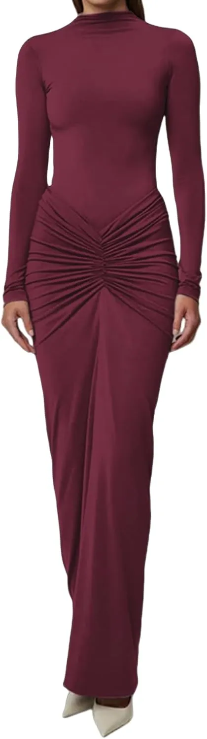 Women's Sexy Turtleneck Long Sleeve Maxi Dress Elegant Ruched Bodycon Long Dress Casual Party Dresses
