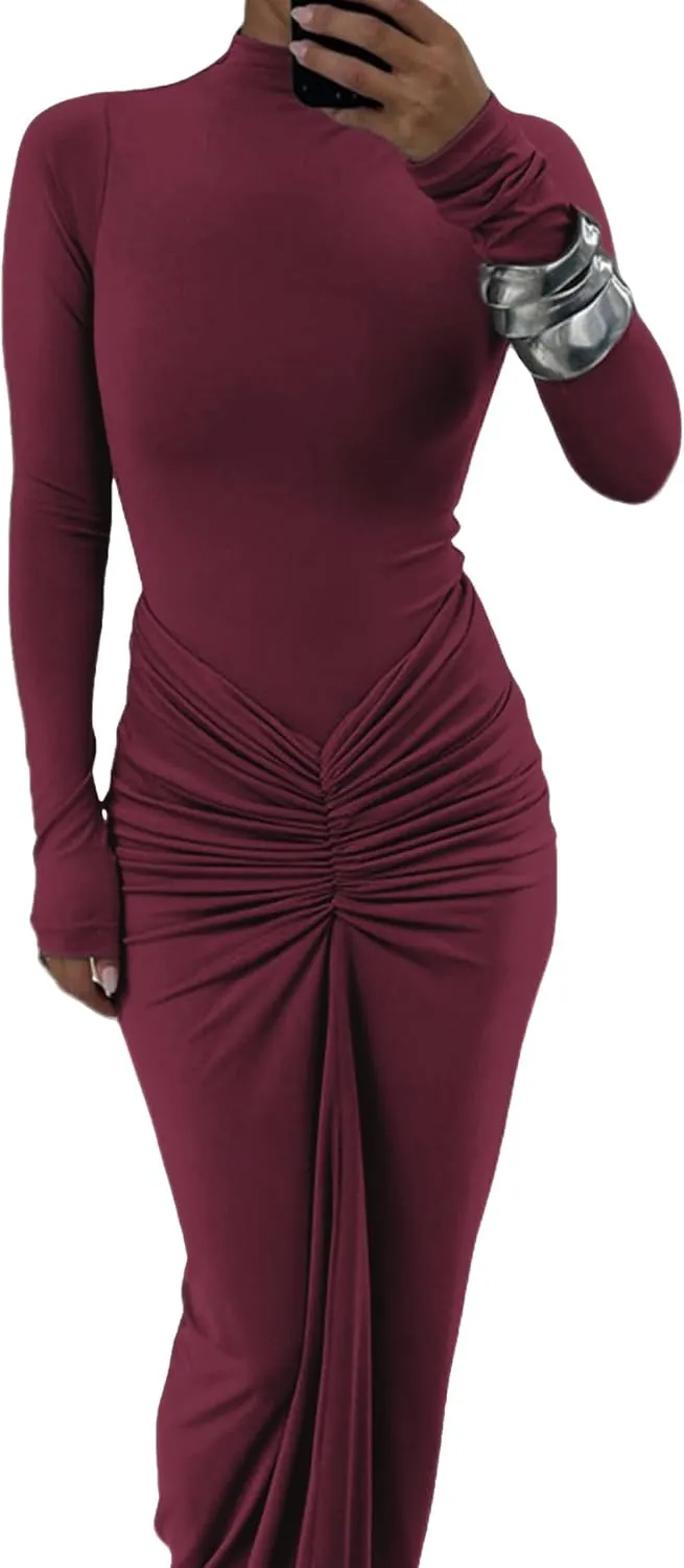 Women's Sexy Turtleneck Long Sleeve Maxi Dress Elegant Ruched Bodycon Long Dress Casual Party Dresses