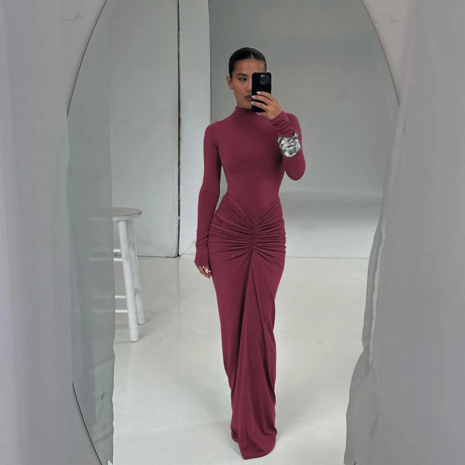 Women's Sexy Turtleneck Long Sleeve Maxi Dress Elegant Ruched Bodycon Long Dress Casual Party Dresses