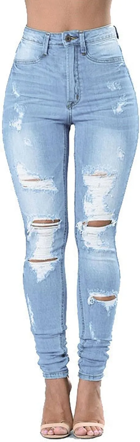 Women's Skinny Jeans Cute Distressed Jeans Patchwork Destroyed Raw Hem Jeans Stretchy Denim Pants