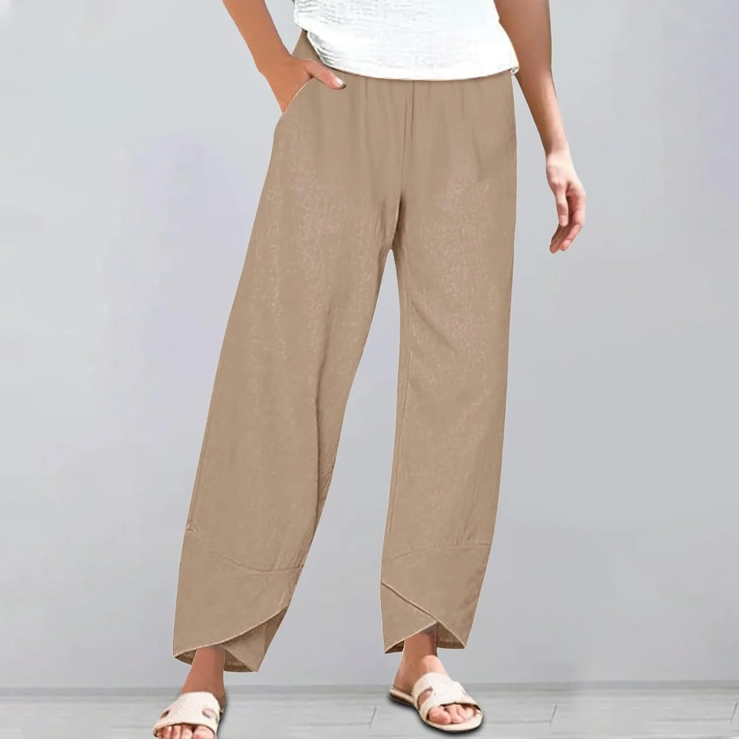 Womens Summer Cotton Linen Pants 2025 Casual Capri Pants with Pockets Cropped High Waisted Comfy Baggy Trousers