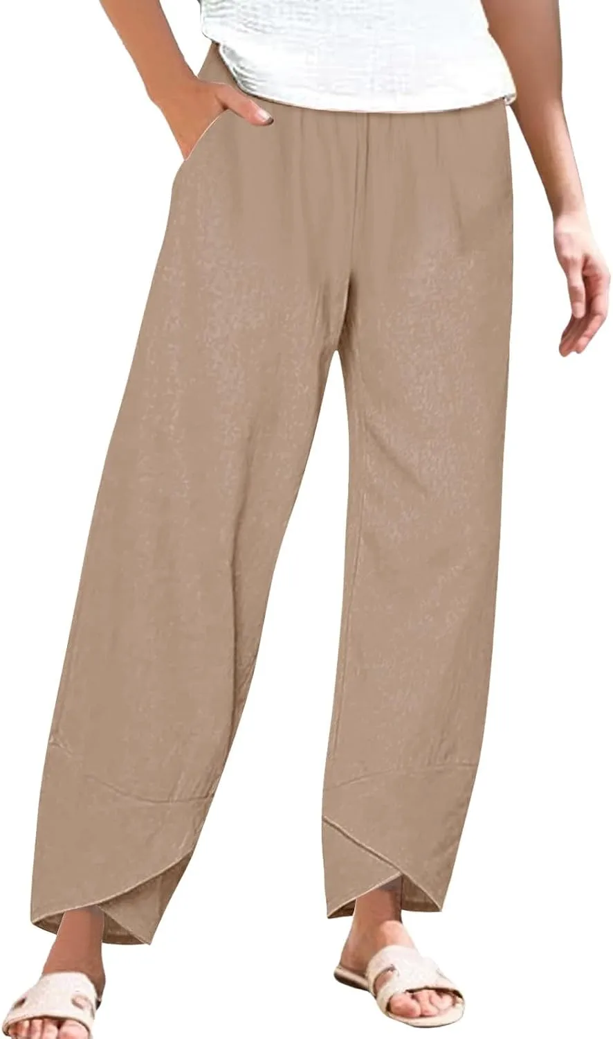 Womens Summer Cotton Linen Pants 2025 Casual Capri Pants with Pockets Cropped High Waisted Comfy Baggy Trousers