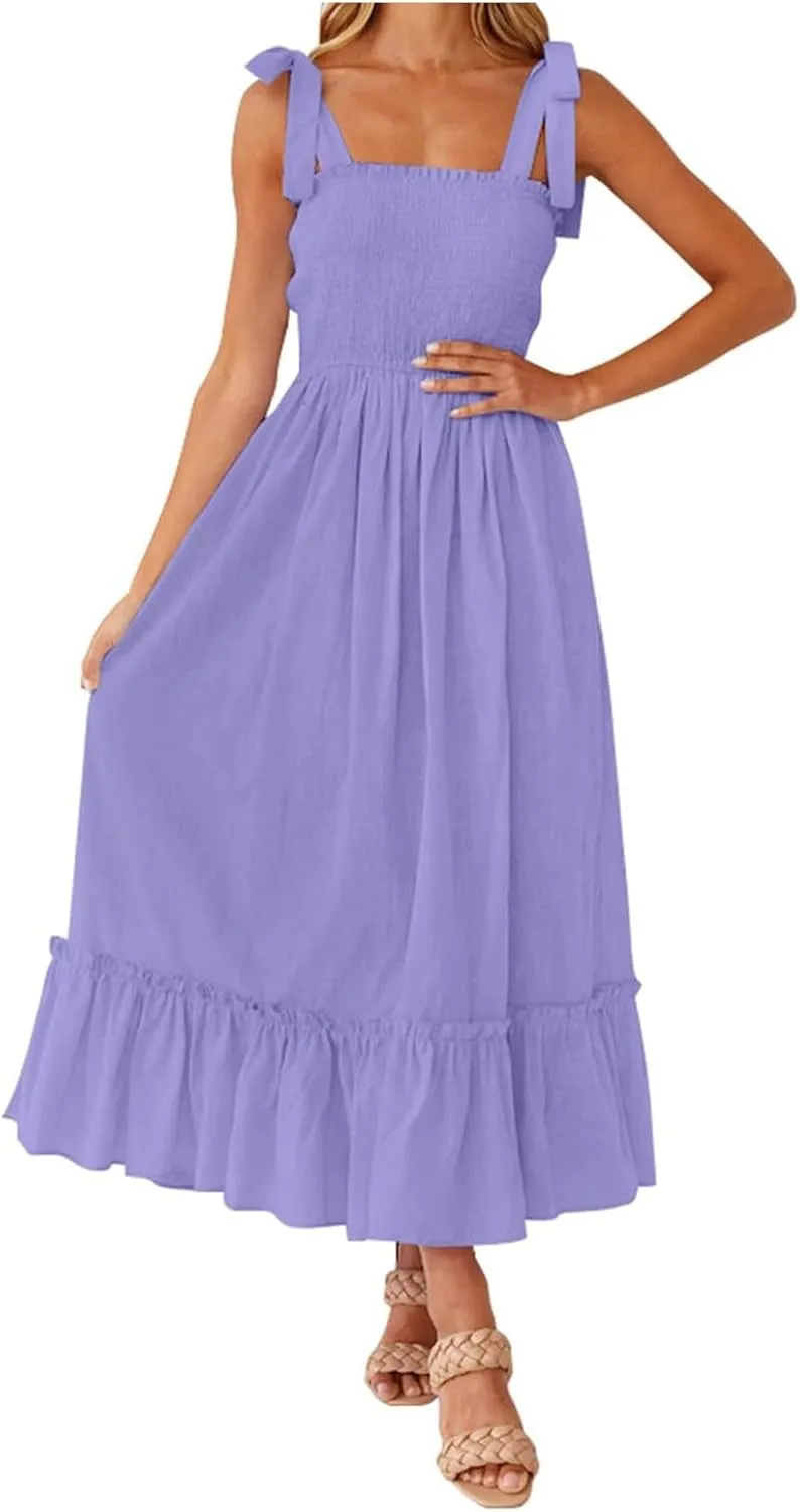 Womens Summer Dress Boho Spaghetti Strap Square Neck Ruffle A Line Long Maxi Dress Casual Flowy Swing Beach Sundress