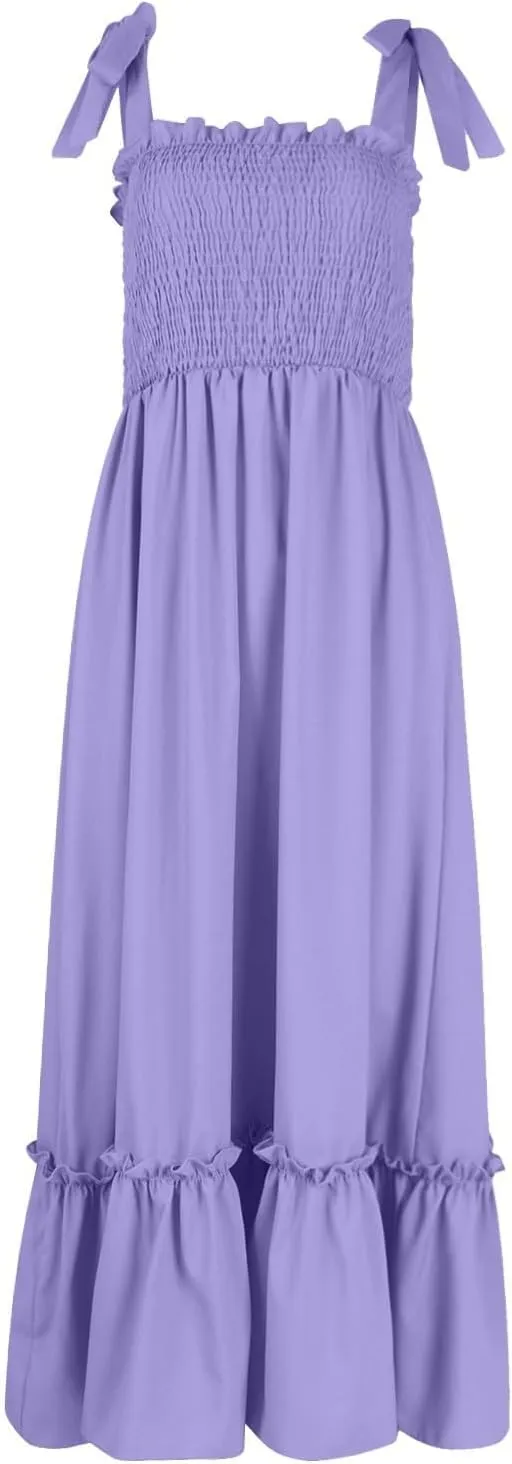 Womens Summer Dress Boho Spaghetti Strap Square Neck Ruffle A Line Long Maxi Dress Casual Flowy Swing Beach Sundress