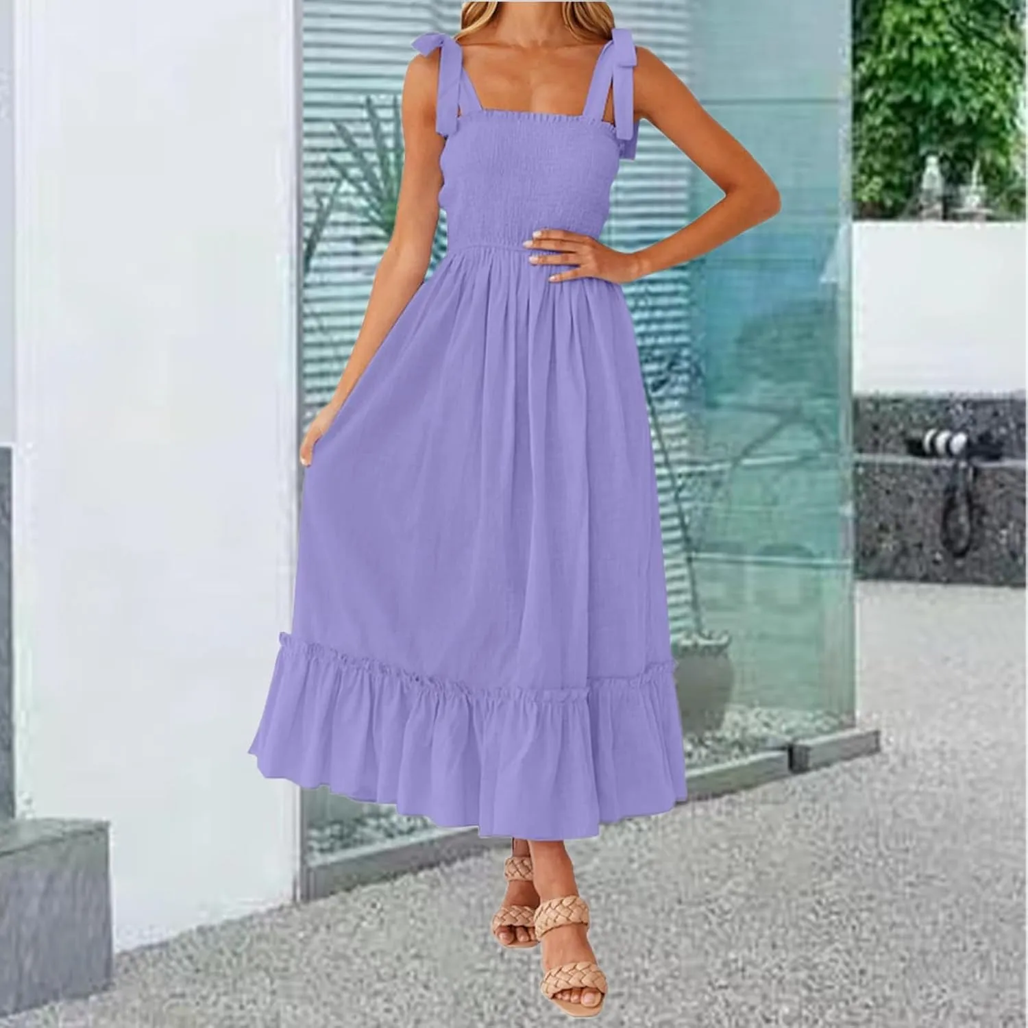 Womens Summer Dress Boho Spaghetti Strap Square Neck Ruffle A Line Long Maxi Dress Casual Flowy Swing Beach Sundress