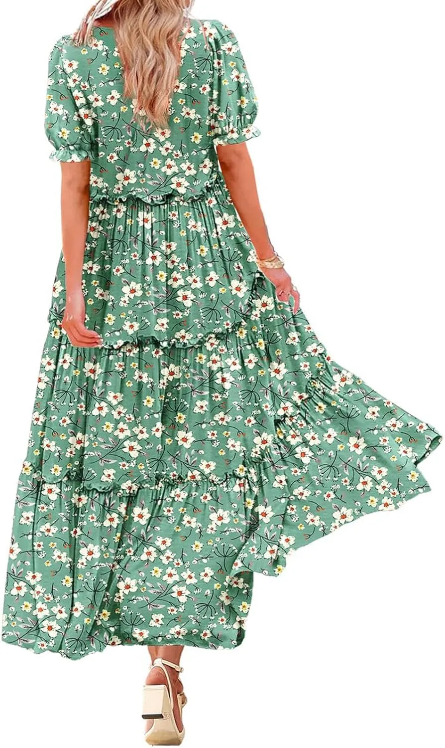 Womens Summer Floral Maxi Dress Casual Short Sleeve Flowy Boho Round Neck Flutter Flowy Dresses 2025