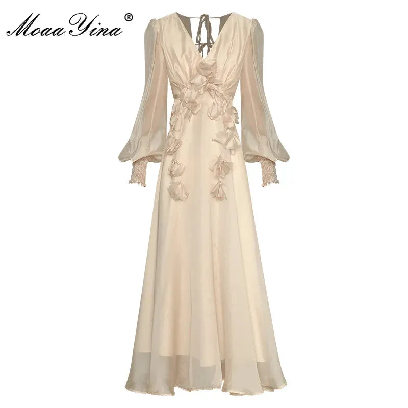 Women's V-Neck Long Sleeve Lace-up Backless Dress