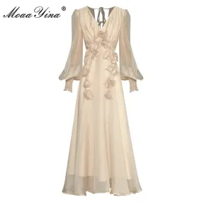 Women's V-Neck Long Sleeve Lace-up Backless Dress