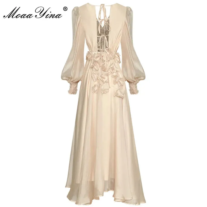Women's V-Neck Long Sleeve Lace-up Backless Dress
