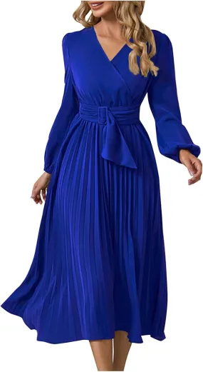 Women's Wrap Midi Dress Summer Causal Tie Waist Flowy A-Line Pleated Dress Elegant Evening Dress Cocktail Party Dress