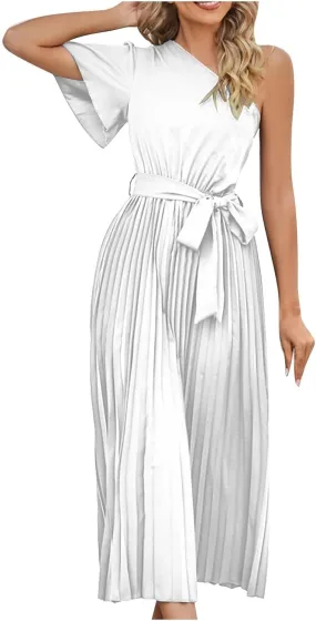 Women's Wrap Midi Dress Summer Causal Tie Waist Flowy A-Line Pleated Dress Elegant Evening Dress Cocktail Party Dress