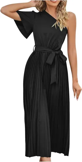 Women's Wrap Midi Dress Summer Causal Tie Waist Flowy A-Line Pleated Dress Elegant Evening Dress Cocktail Party Dress