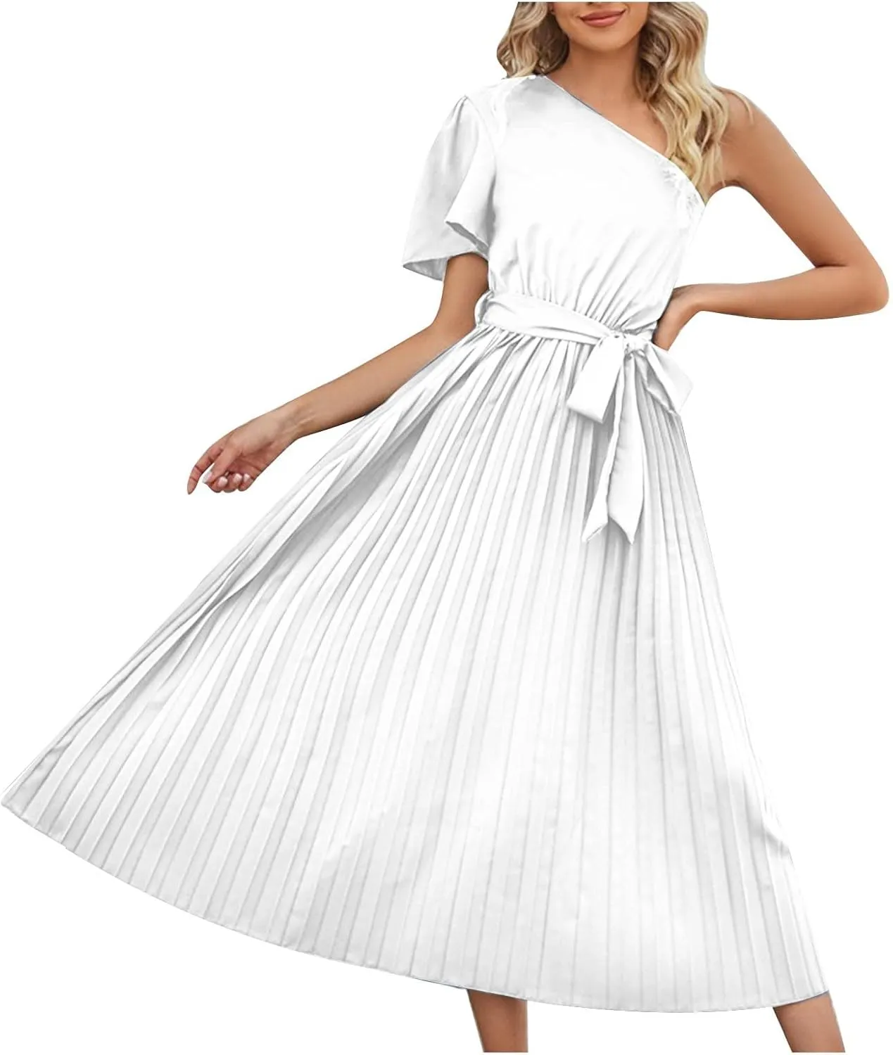 Women's Wrap Midi Dress Summer Causal Tie Waist Flowy A-Line Pleated Dress Elegant Evening Dress Cocktail Party Dress