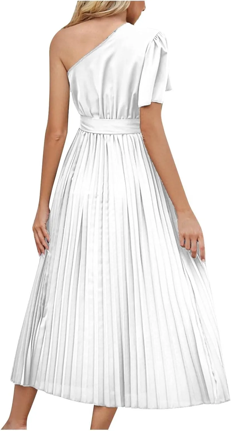 Women's Wrap Midi Dress Summer Causal Tie Waist Flowy A-Line Pleated Dress Elegant Evening Dress Cocktail Party Dress