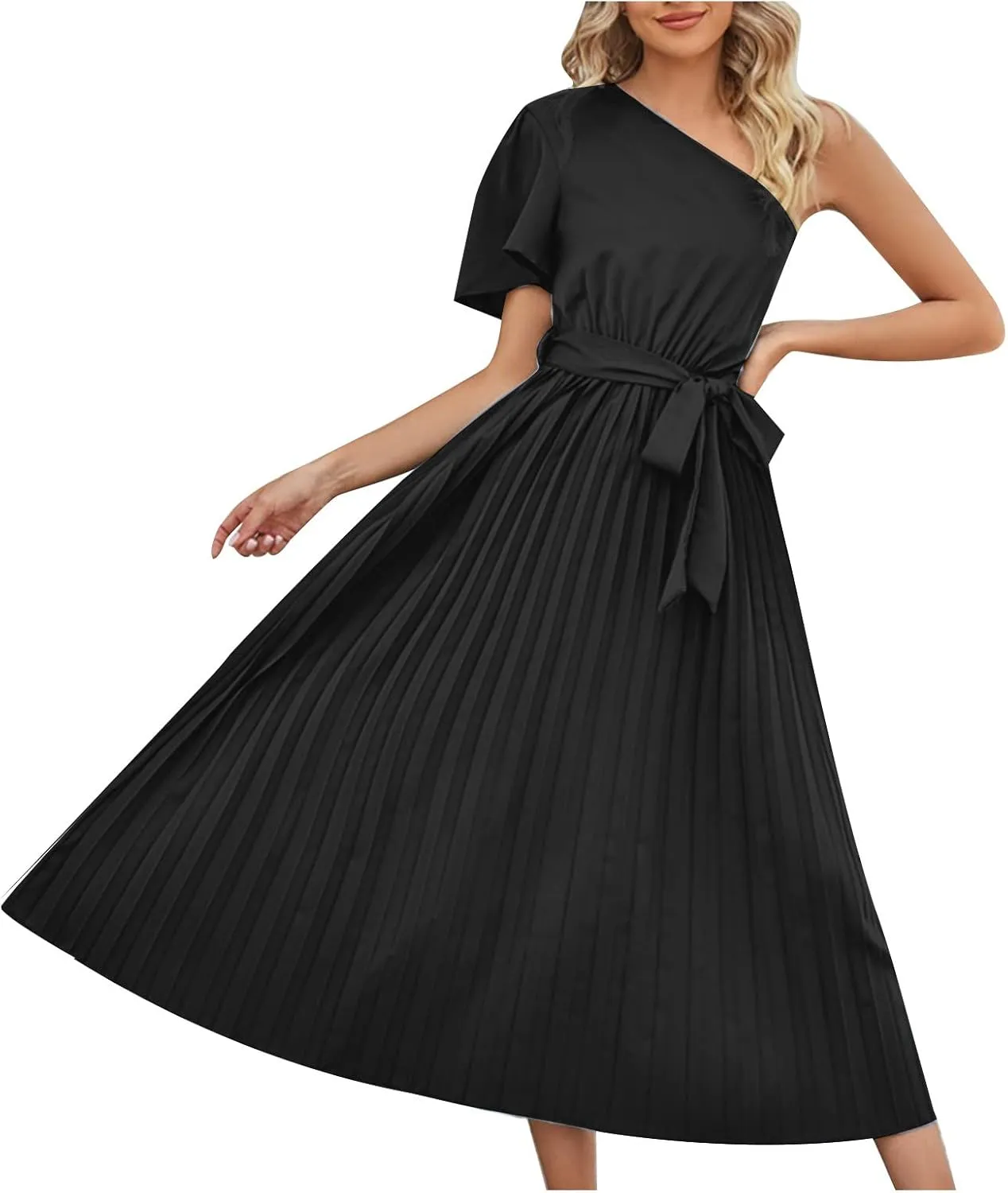 Women's Wrap Midi Dress Summer Causal Tie Waist Flowy A-Line Pleated Dress Elegant Evening Dress Cocktail Party Dress