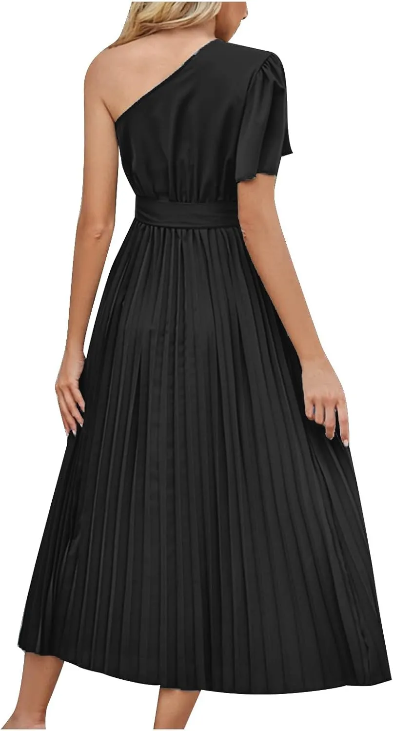 Women's Wrap Midi Dress Summer Causal Tie Waist Flowy A-Line Pleated Dress Elegant Evening Dress Cocktail Party Dress
