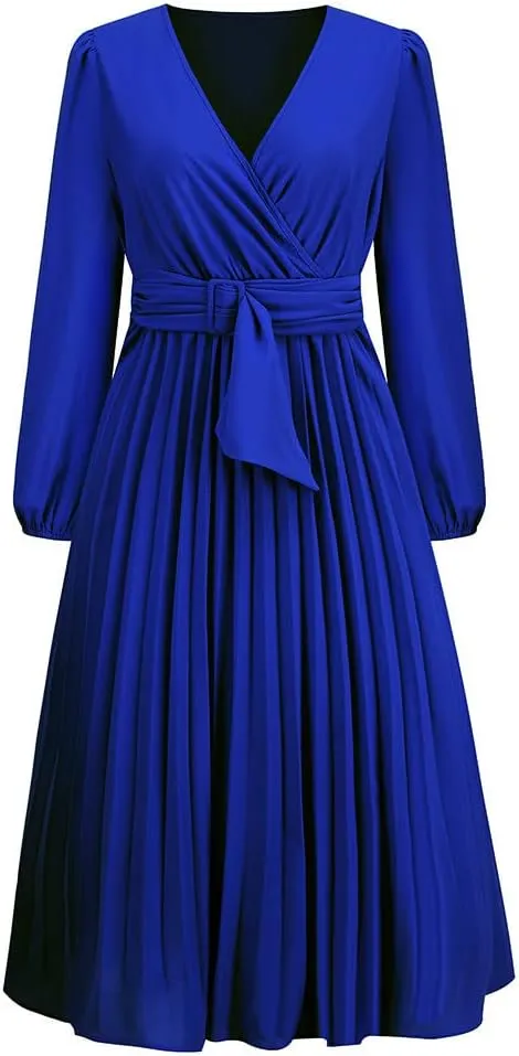 Women's Wrap Midi Dress Summer Causal Tie Waist Flowy A-Line Pleated Dress Elegant Evening Dress Cocktail Party Dress