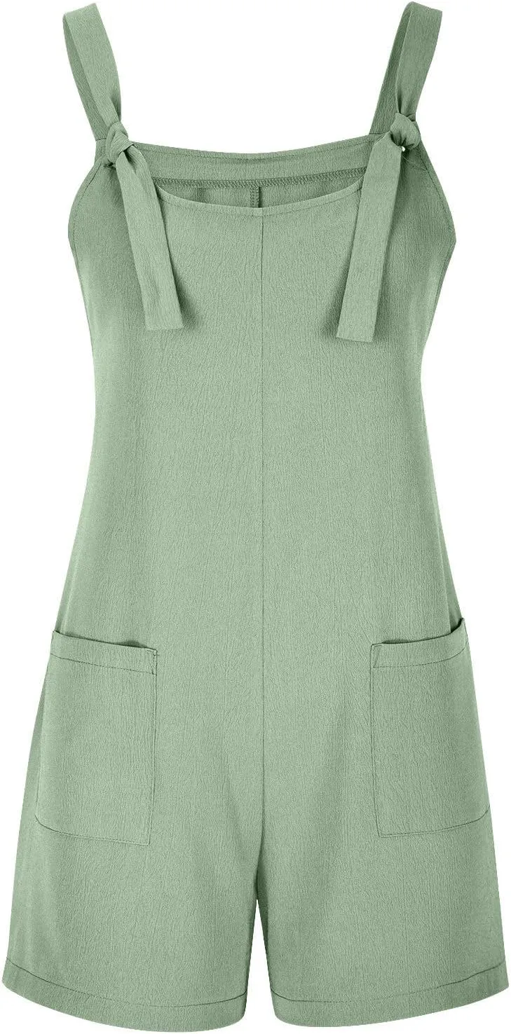 YRAETENM Rompers for Women Summer Casual Sleeveless Adjustable Strap Knot Shorts Overalls Loose Comfy Jumpsuits with Pockets