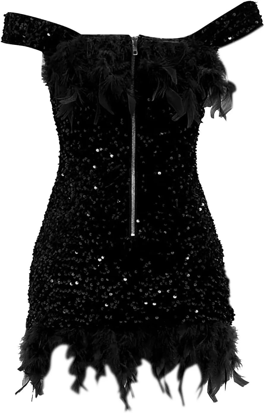 ZYXTIM Women's Dance Dress Rhinestone Sequins Tassel Latin Salsa Ballroom Dress Off Shoulder Flapper Party Dress Plus Size