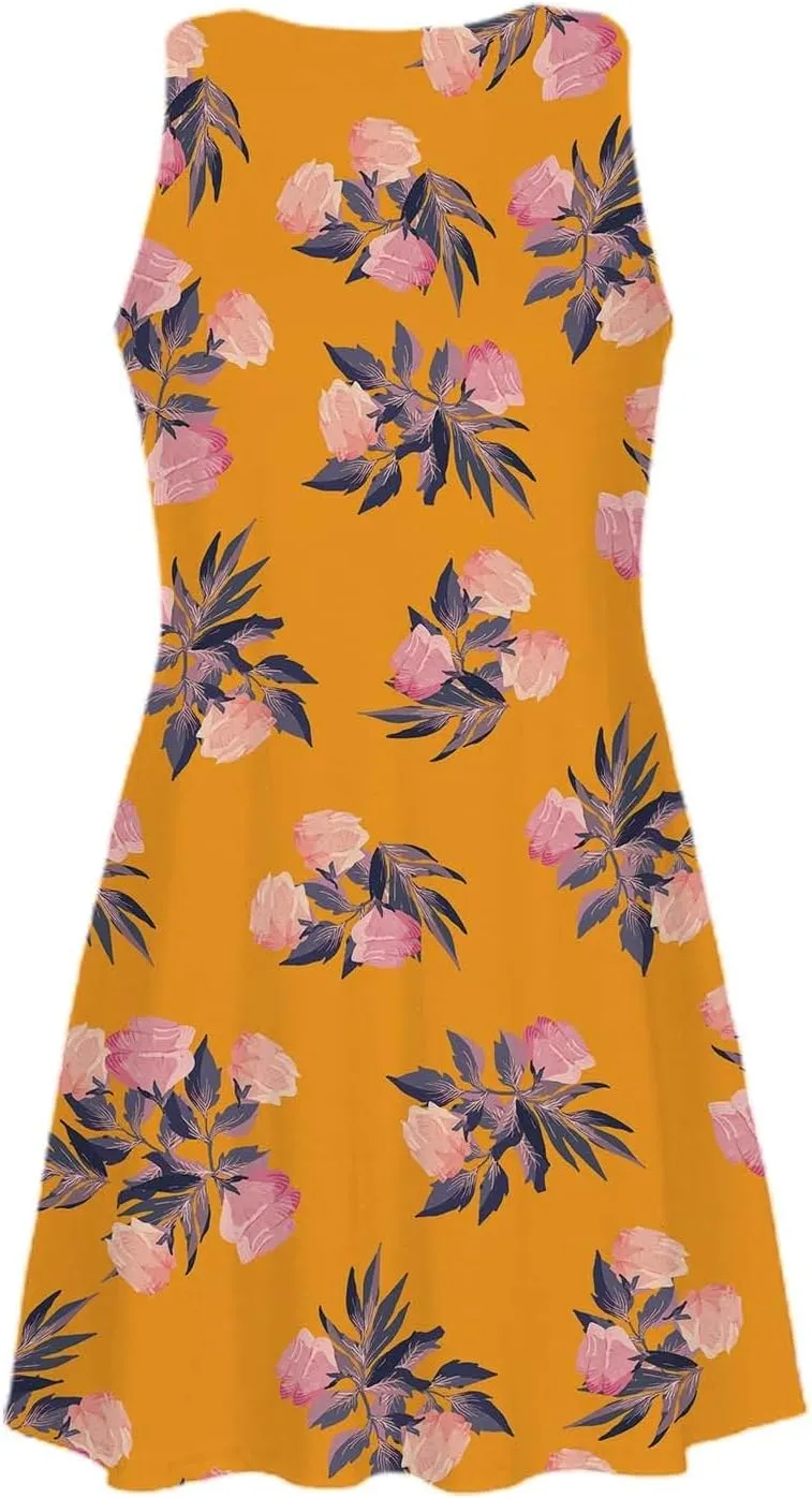 ZYXTIM Women's Summer Boho Dress Floral Print Sleeveless Square Neck Shirred Mini Dress Hawaiian Beach Sun Dress with Pockets