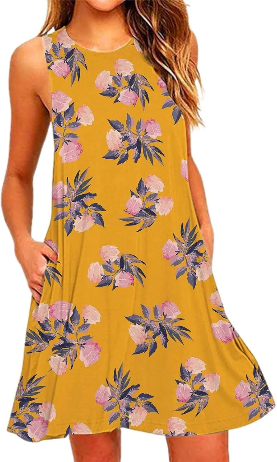 ZYXTIM Women's Summer Boho Dress Floral Print Sleeveless Square Neck Shirred Mini Dress Hawaiian Beach Sun Dress with Pockets