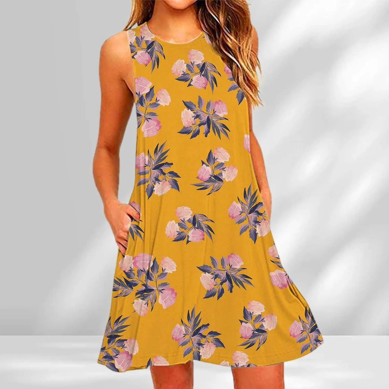 ZYXTIM Women's Summer Boho Dress Floral Print Sleeveless Square Neck Shirred Mini Dress Hawaiian Beach Sun Dress with Pockets