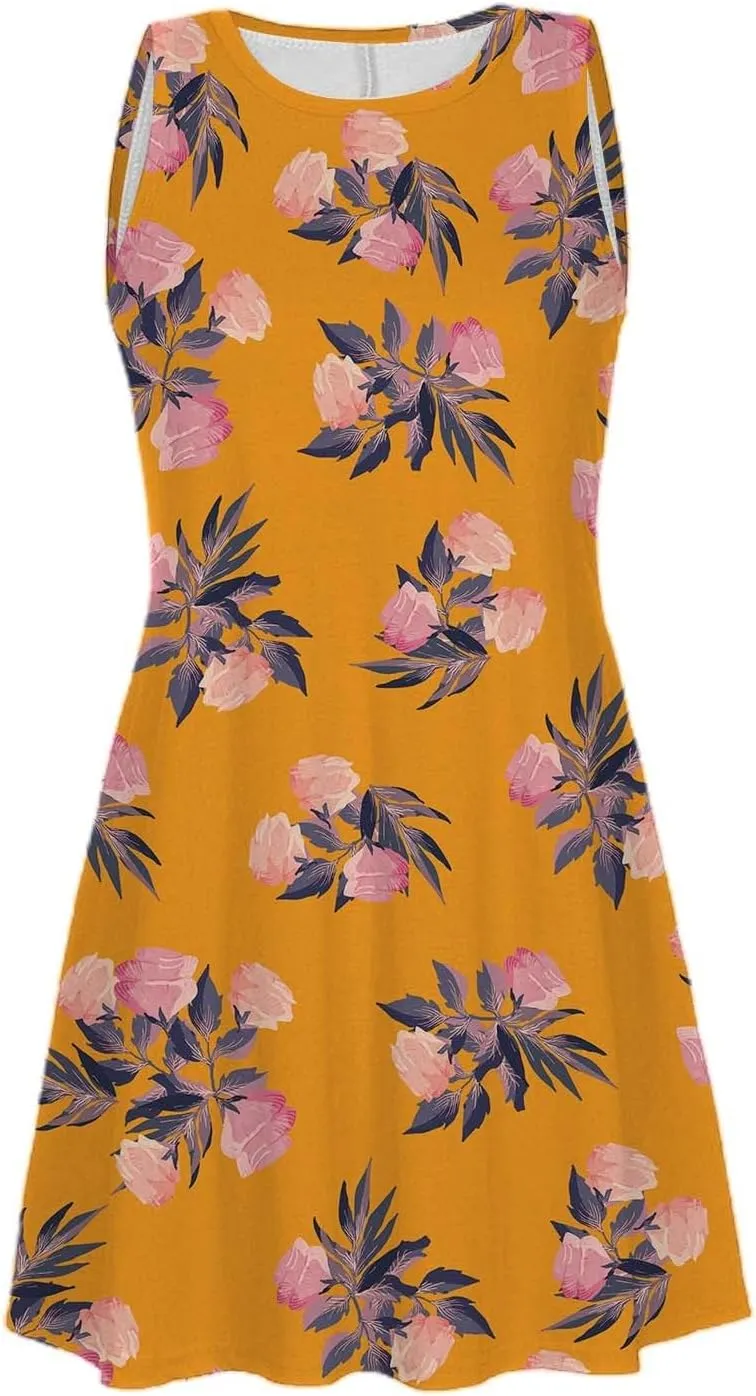 ZYXTIM Women's Summer Boho Dress Floral Print Sleeveless Square Neck Shirred Mini Dress Hawaiian Beach Sun Dress with Pockets